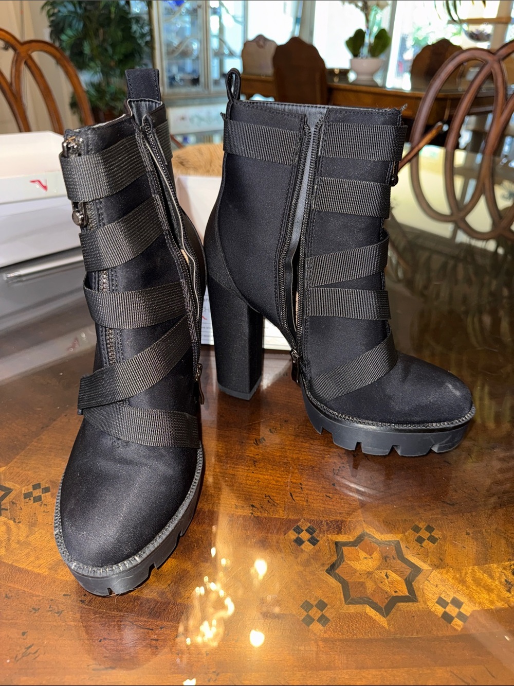 Women's Black Strappy Block Heel Ankle Boots